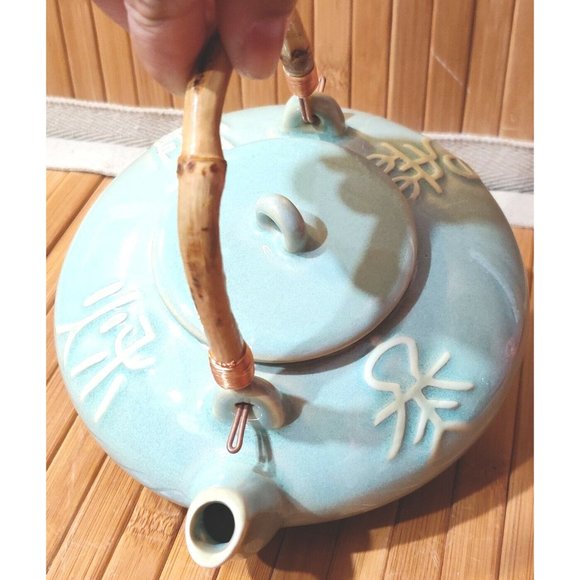 Vintage Mint Green Teapot Asian Japanese Chinese Archaic Calligraphy Writing - Picture 9 of 12